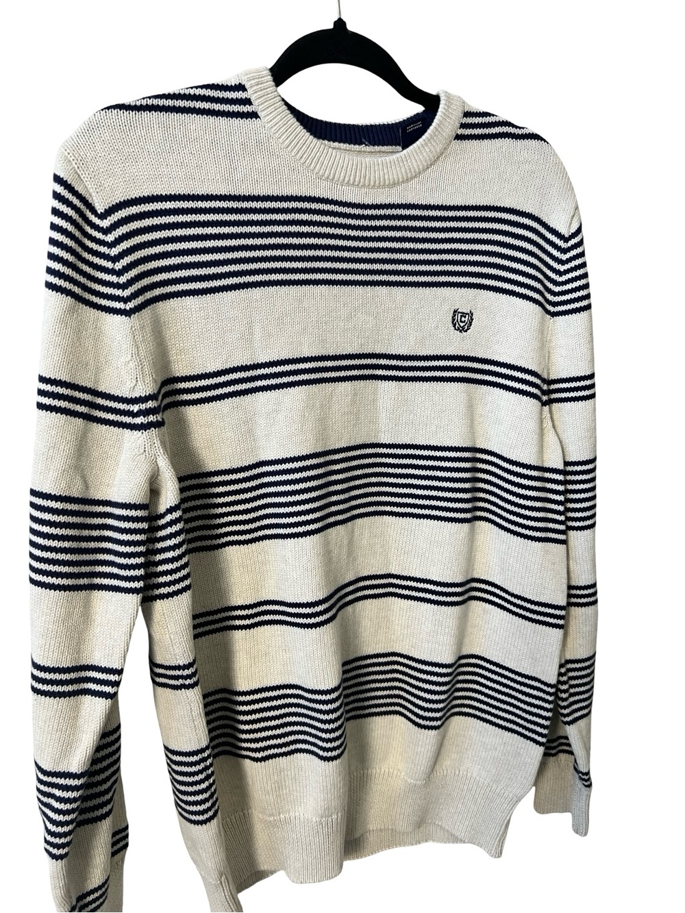 Chaps Men’s Medium Striped Knit Sweater Cream Navy Nautical Pullover - Picture 3 of 4